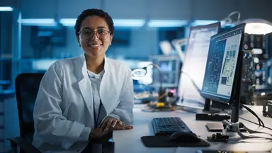 Laboratory professional using digital analysis software in a modern testing environment, representing scientific support, quality assurance and reliable diagnostic workflows that help ensure confidence in every result.