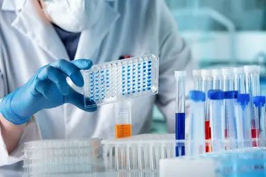 Scientist handling a microplate in a laboratory, representing assay development, reagent testing and analytical workflows