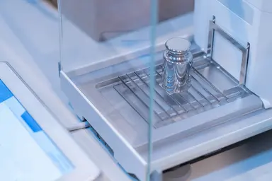 Precision calibration weight positioned on a laboratory analytical balance, supporting calibration verification, measurement accuracy assessment and performance documentation for regulated testing workflows.