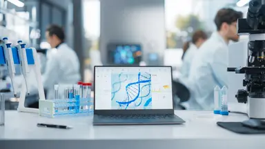 Molecular biology laboratory workspace displaying DNA analysis software, sample preparation tools and laboratory equipment used for PCR assay design, qPCR and SNP genotyping workflows.
