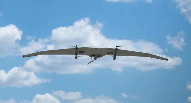 VTOL drone Fixed wing drone | DeltaQuad Evo | Straight view of drone flying with a blue sky background