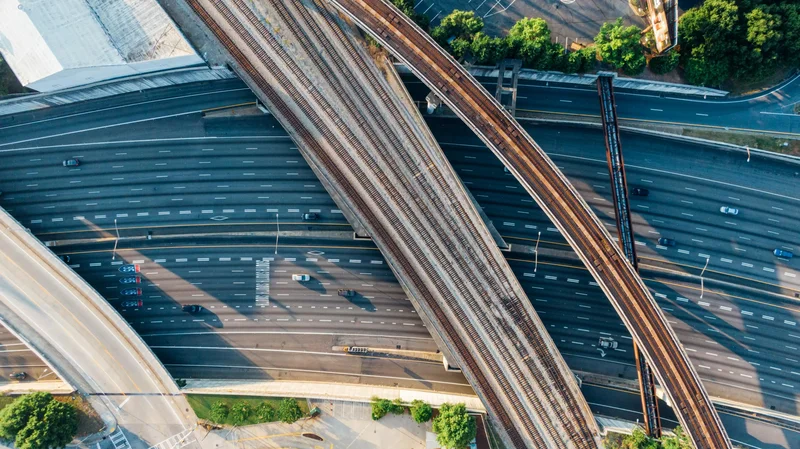 Drones for rail and road inspections Rail and road monitoring | DeltaQuad Evo Enterprise | Aerial view of a highway and flyover