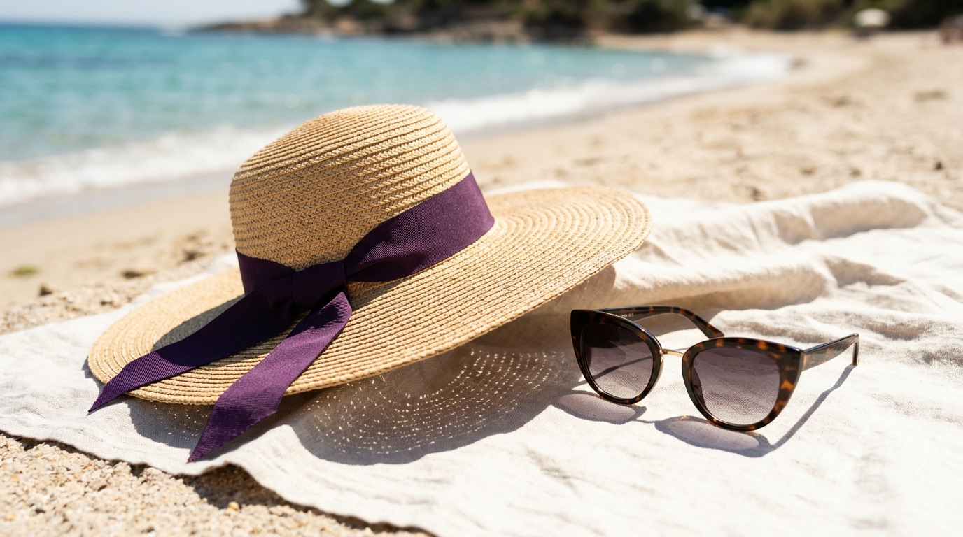 Ein Strohhut mit violettem Band und eine Sonnenbrille auf einem hellen Tuch am sonnigen Strand, ohne Menschen im Bild.