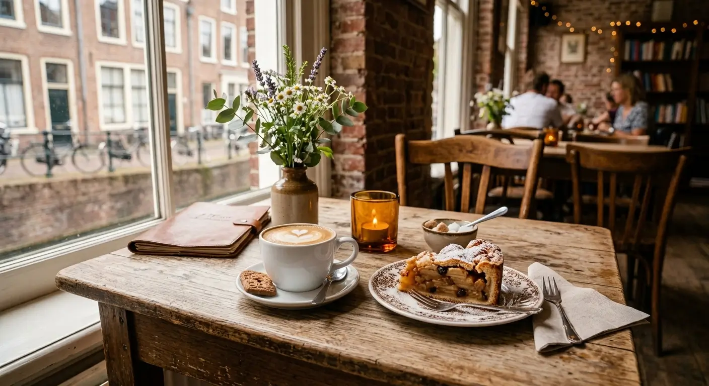 Tafel in De Parelduiker met daarop een stuk appeltaart, kop cappucino een kaarsje, bloemetje in een vaasje en opschrijfboek