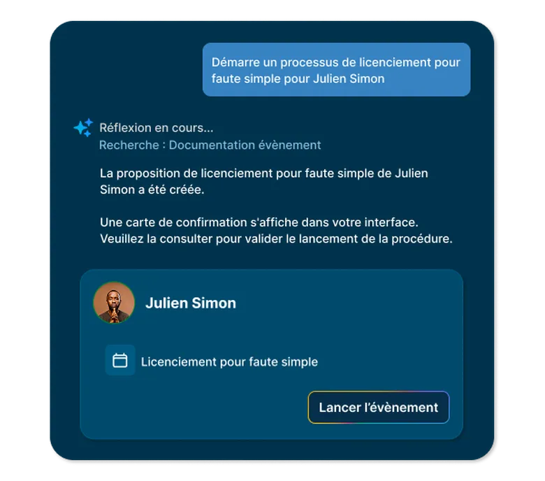 Écran LégiPilot — l'assistant IA lance un événement RH depuis une question en langage naturel.