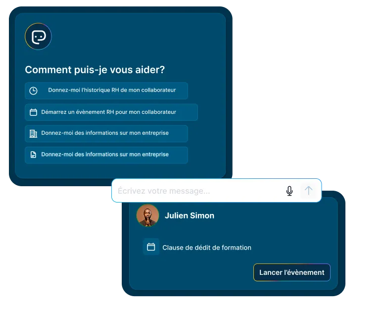 Écran LégiPilot — suggestions rapides et lancement d'un événement RH par l'assistant.