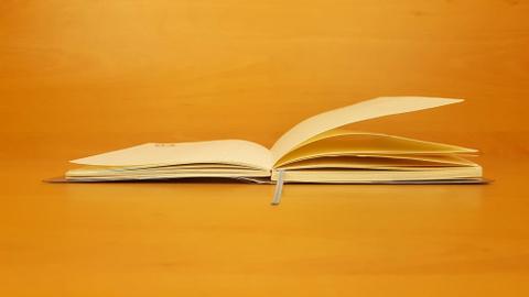 A novella sitting open against a light orange background.