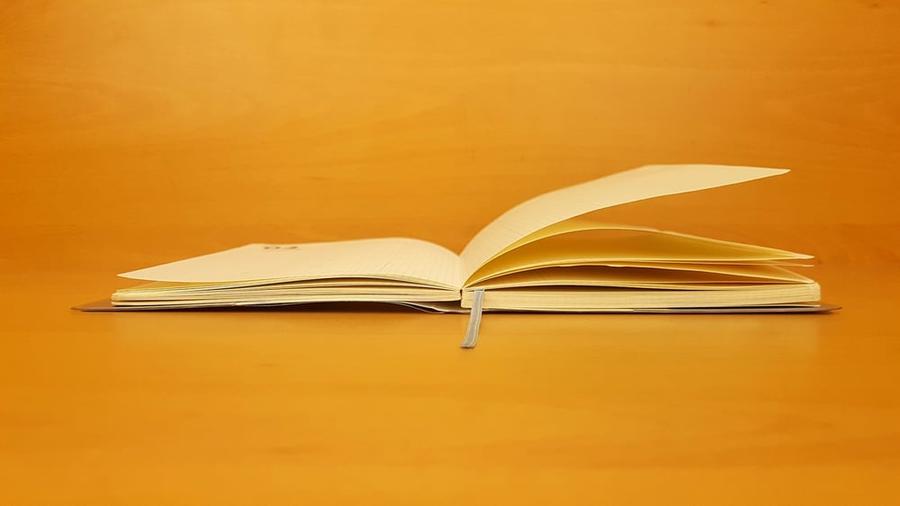 A novella sitting open against a light orange background.
