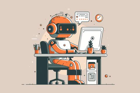 a cute little AI robot typing away at a computer.