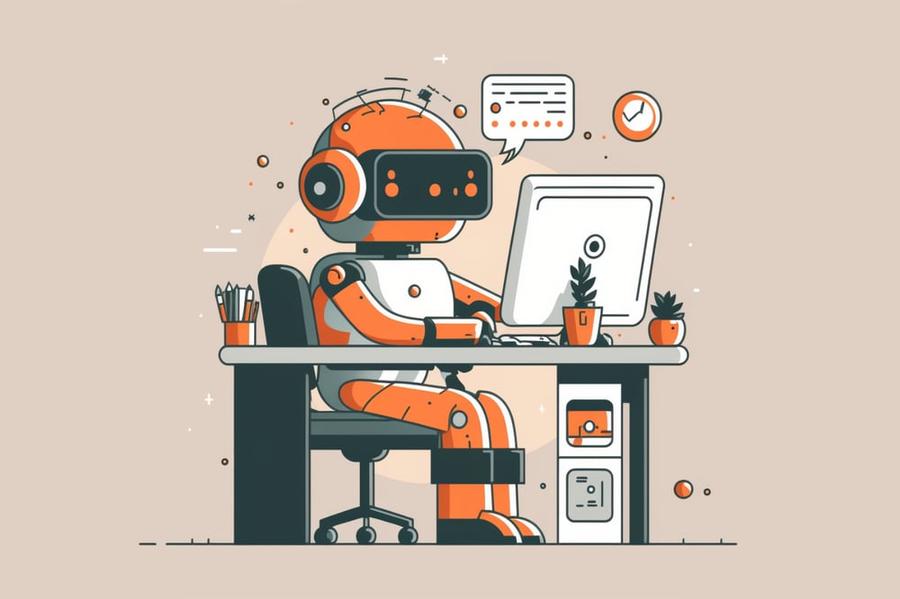 a cute little AI robot typing away at a computer.