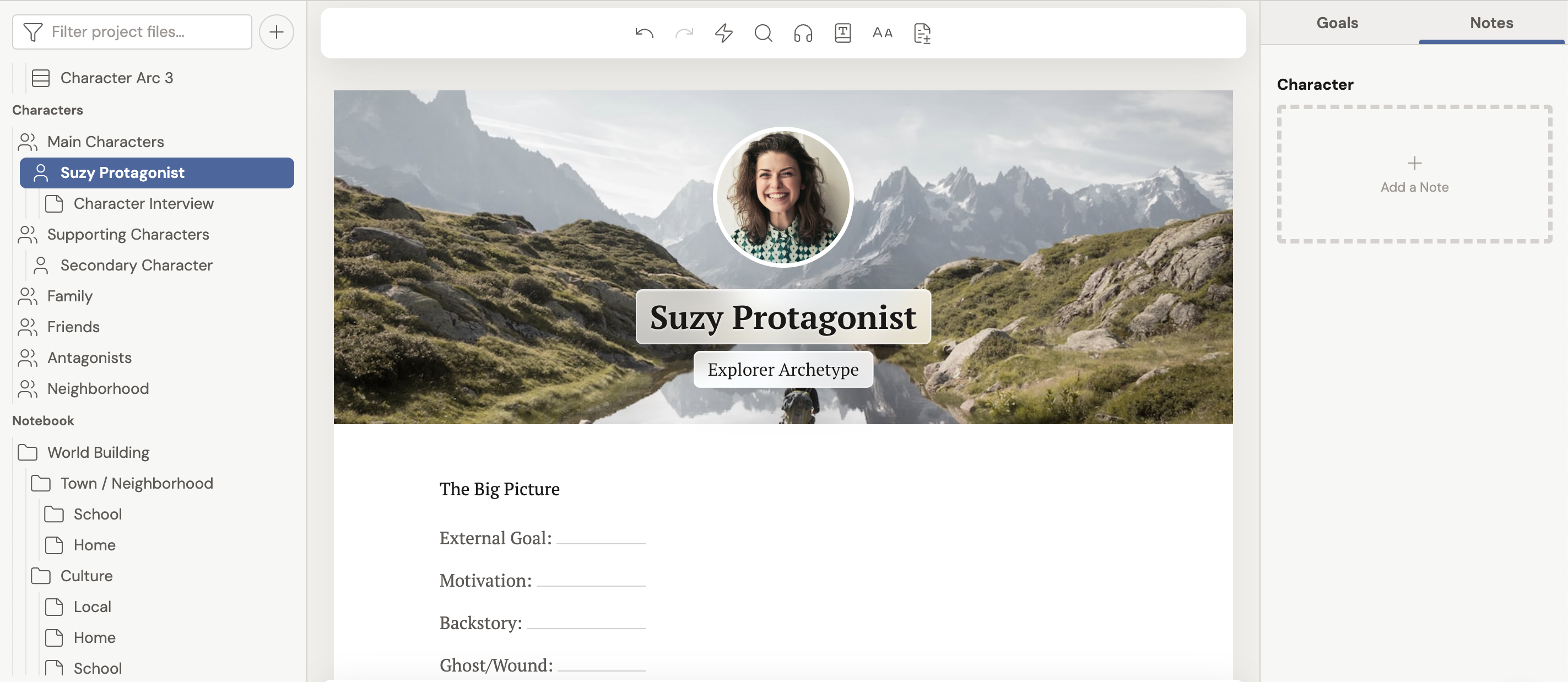 Screenshot of a Dabble Character Profile for Suzy Protagonist.