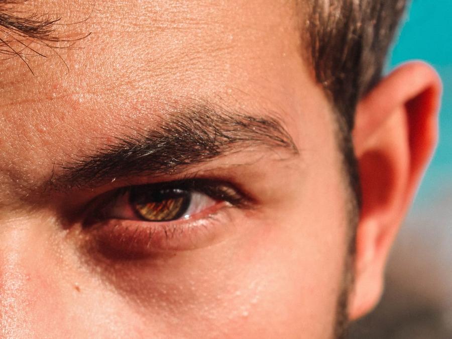 Close-up of an angry-looking eye.