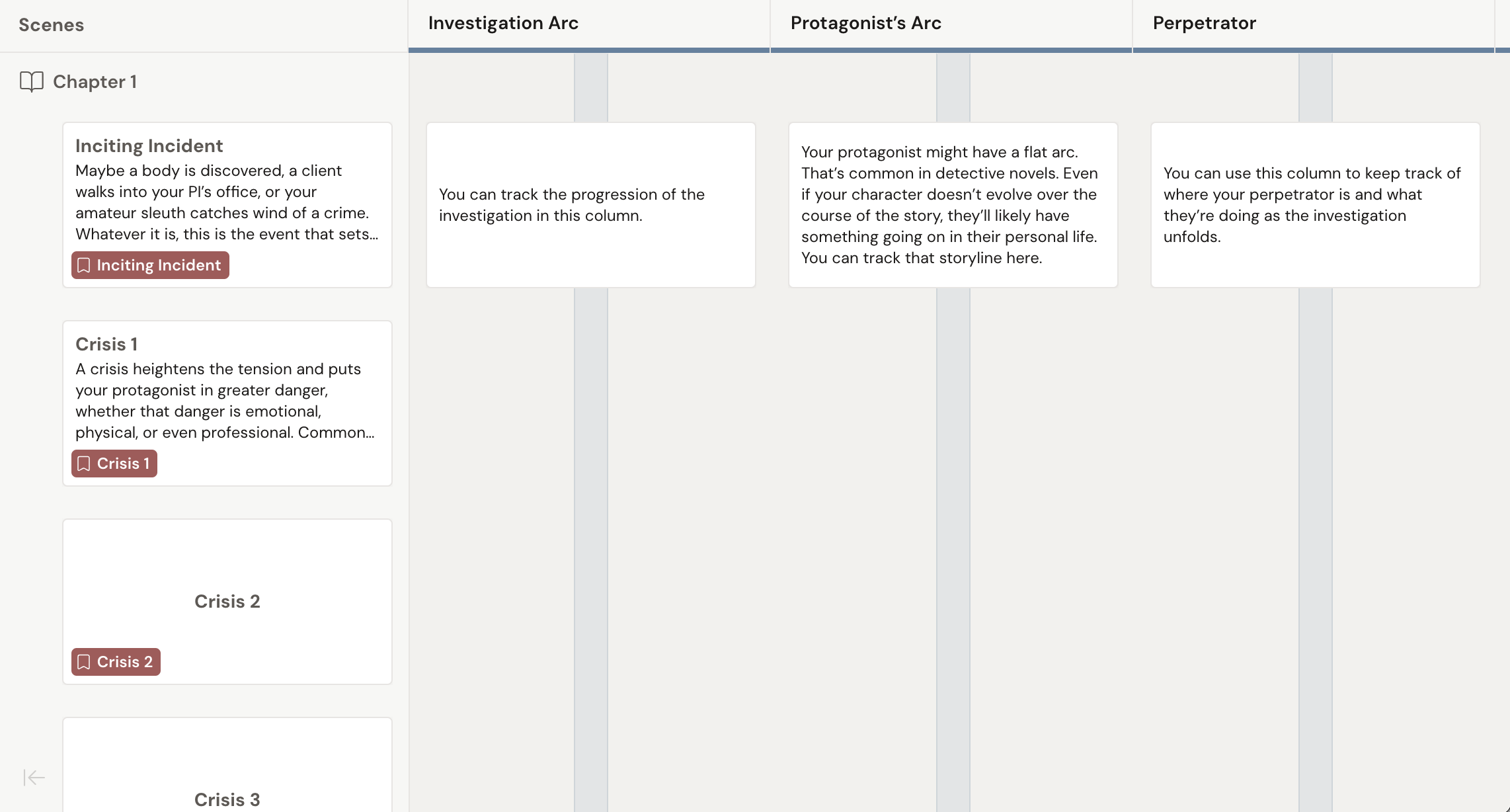 A screenshot of a Dabble Plot Grid for a mystery novel.