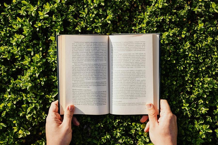 Hands hold a book open in front of a shrub.