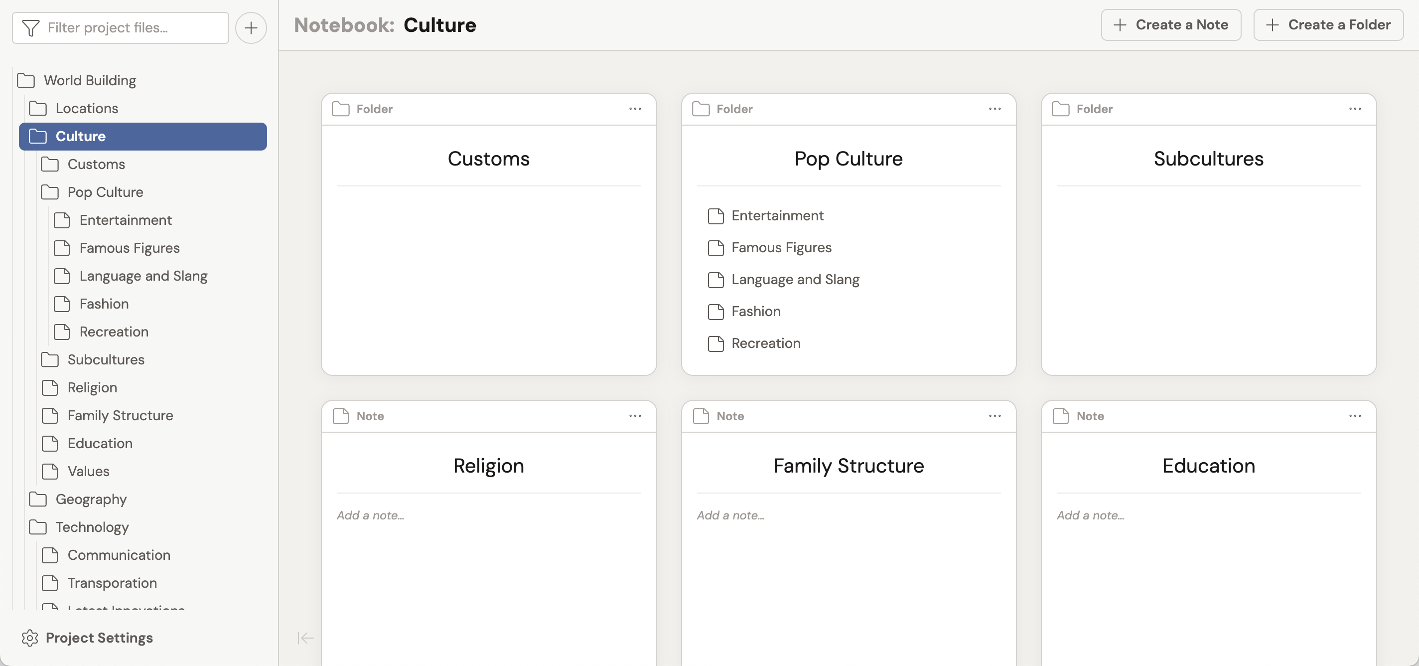 A screenshot of a Dabble Notebook showing folders and files for a worldbuilding bible.