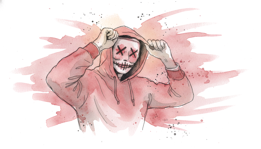 Watercolor illustration of a masked figure in a red hoodie pulling the hood up over a grinning skull mask with crossed-out eyes