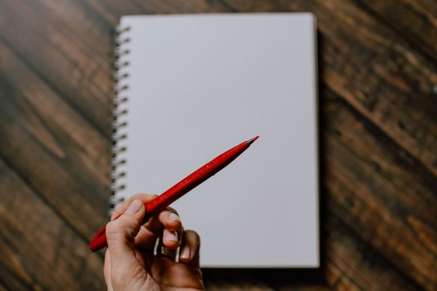 Hand holding a red pen above a blank notebook.
