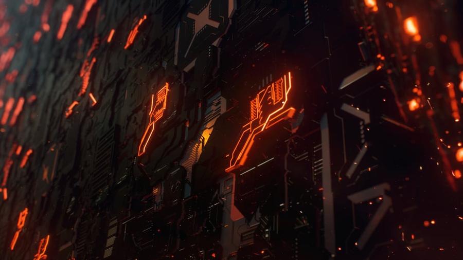 Close-up of a black circuit board with neon orange lights