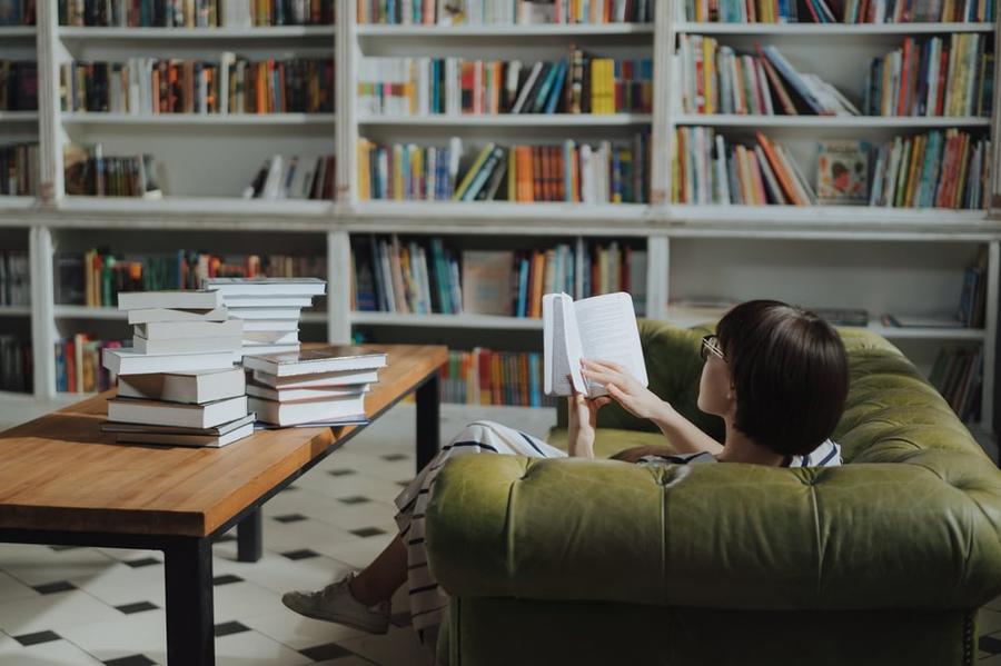 A person reads a book on a couch in a bookstore.