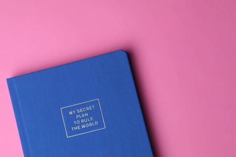 A blue book on a pink background.