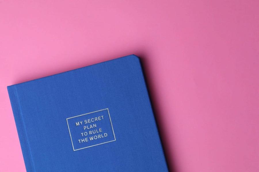A blue book on a pink background.