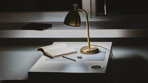 A desk lamp shines down on an open book.