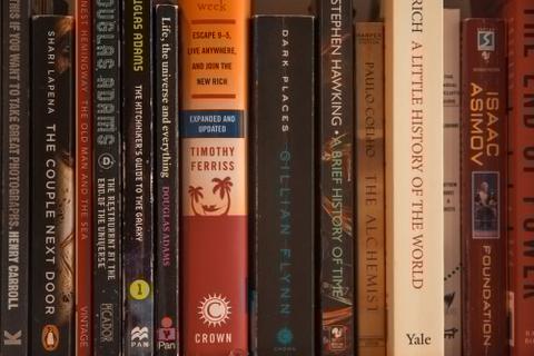 A shelf full of weathered books.