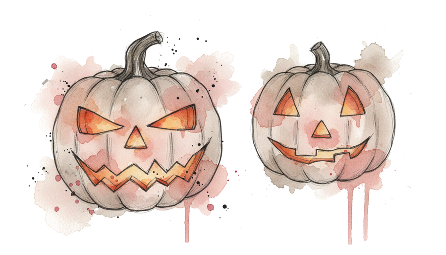 Watercolor illustration of two carved jack-o-lanterns, one grinning with jagged teeth, the other with a crooked smile