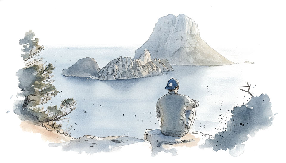 Watercolor illustration of a person in a baseball cap sitting on a clifftop, looking out across calm water to a rocky island