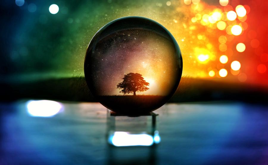 The silhouette of a tree in a crystal ball against a rainbow-colored background.