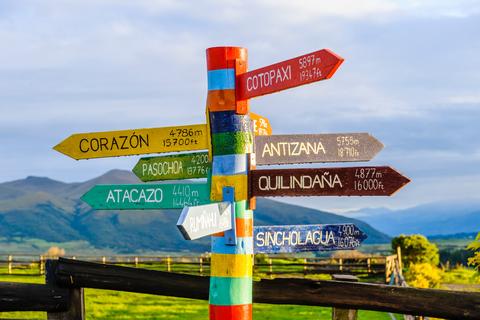 A multi-colored sign post with arrows pointing in all directions to various towns.