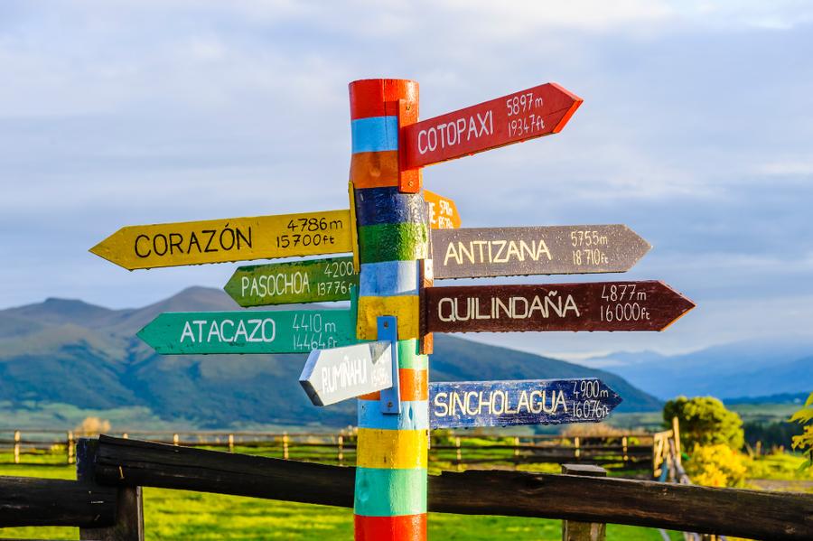 A multi-colored sign post with arrows pointing in all directions to various towns.