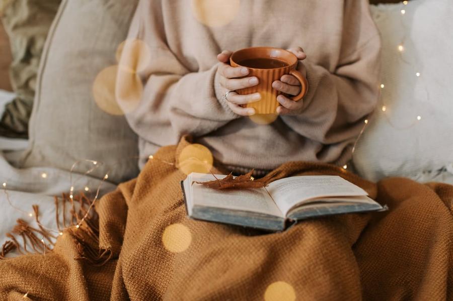 Overhead view of an open book on a blanket over a person's lap.