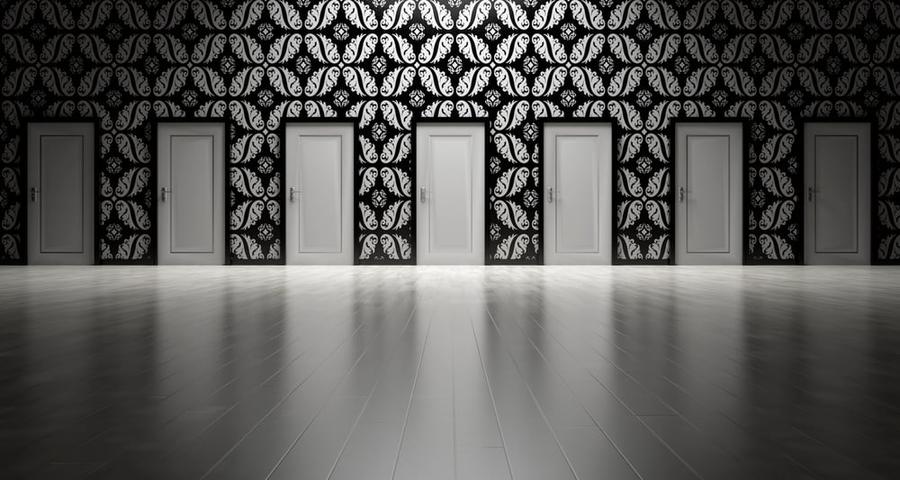 A row of white doors