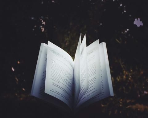 An open book with a dark background.