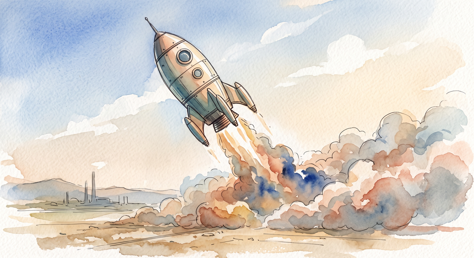 Cartoon spaceship blasting off with a blue background.