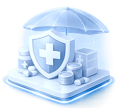 A healthcare shield under an umbrella with medicine, pill bottles, and coins, symbolizing health protection and financial security.