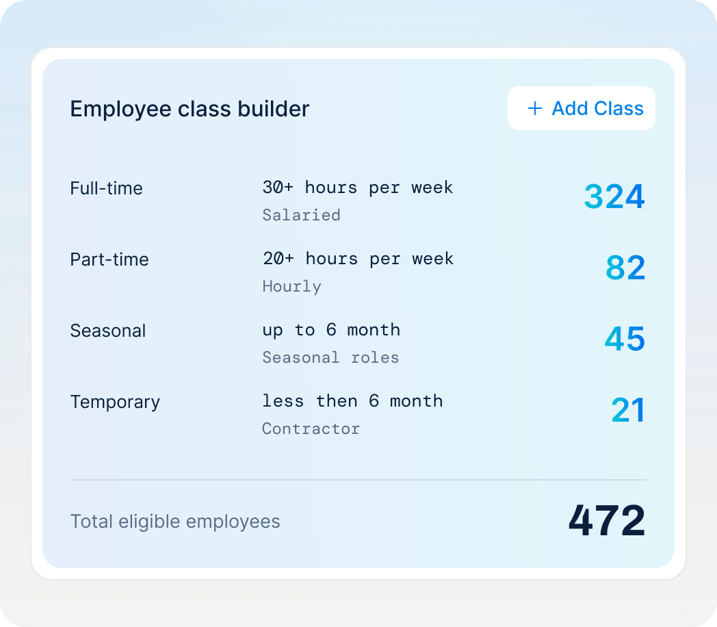 Employee class builder showing 324 full-time, 82 part-time, 45 seasonal, and 21 temporary employees. Total: 472.