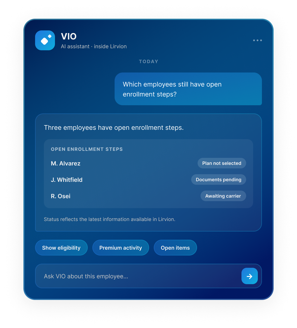 VIO assistant answering which employees still have open enrollment steps inside Lirvion