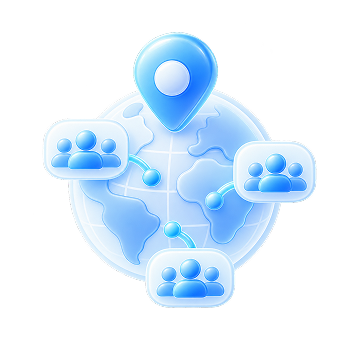 Blue globe with network icons and a location pin symbolizing global connectivity and communication.