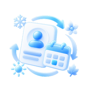 Illustration of a blue calendar, person icon, and arrows surrounded by seasonal symbols: snowflake, flower, sun, and leaf, indicating change.