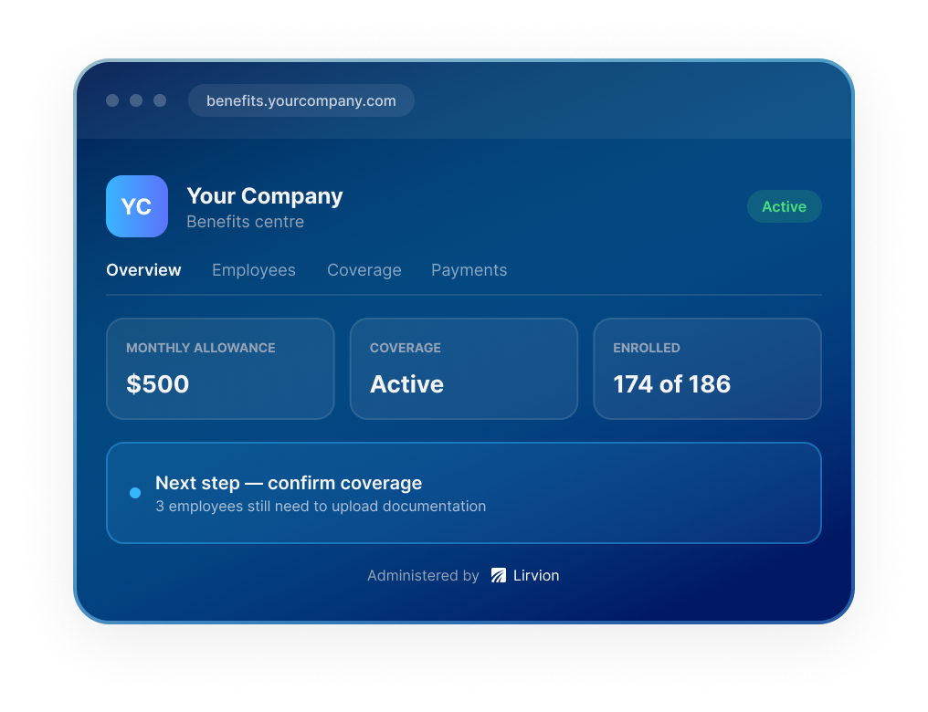 Branded employer benefits portal with company logo, monthly allowance, coverage status and enrollment summary.
