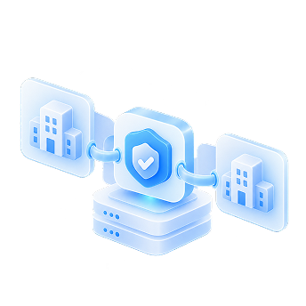 Isometric illustration of a network concept with buildings connected through a central shield-like icon on a server, symbolizing security.