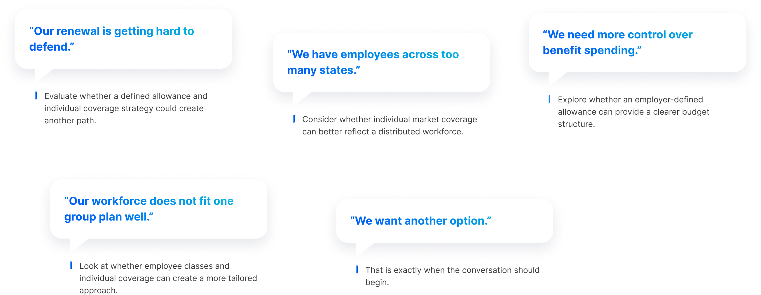 Five speech bubbles with quotes: "Our renewal is getting hard to defend," "We have employees across too many states," "We need more control over benefit spending," "Our workforce does not fit one group plan well," "We want another option." Each is followed by a suggestion text below.
