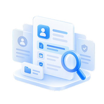 Documents with a magnifying glass