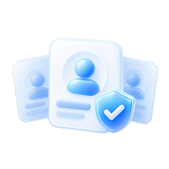 Three stylized blue profiles with a shield and checkmark symbolizing verified accounts.