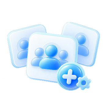 Abstract icons of people grouped together, highlighted in blue, with a circular add-and-settings symbol in the foreground.