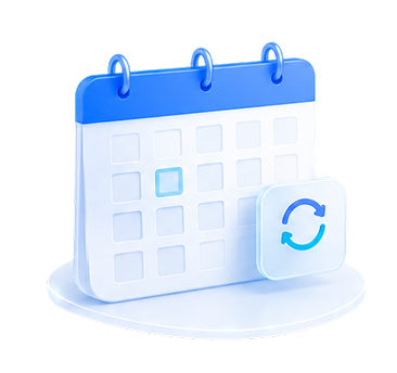 A stylized blue and white calendar icon with a refresh symbol, indicating recurring or scheduled updates.