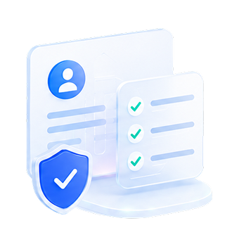 3D illustration of a user account interface with checkmarks and a shield symbolizing security and verification.