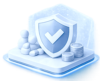 Shield with checkmark, stacks of coins, and abstract shapes on a platform, suggesting security and protection of resources.
